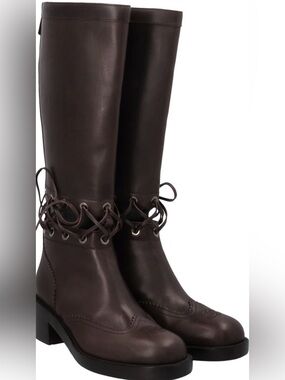CHANEL Brown Lace-Up Leather Boots